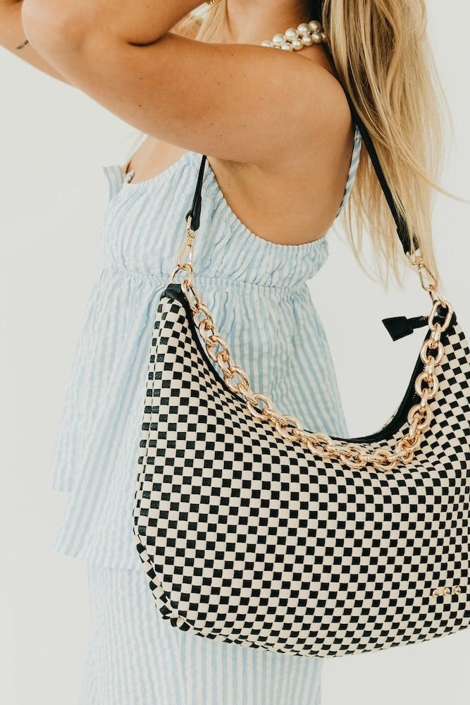 Sienna Slouchy Woven Shoulder Bag in Checkered Black