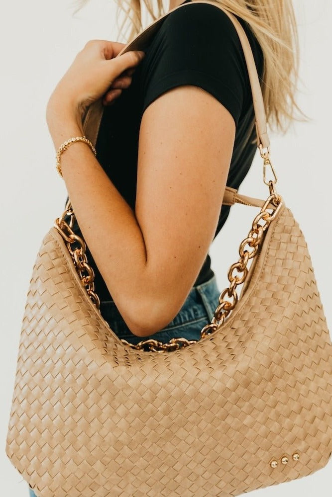 Sienna Slouchy Woven Shoulder Bag in Taupe
