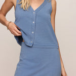 Z Supply Solace Jersey Denim Top in Santorini Indigo on model