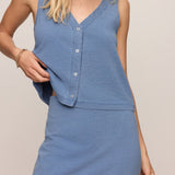 Z Supply Solace Jersey Denim Top in Santorini Indigo on model