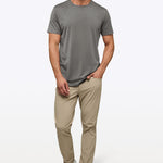 AO Curve Hem Tee in Charcoal on model, full length