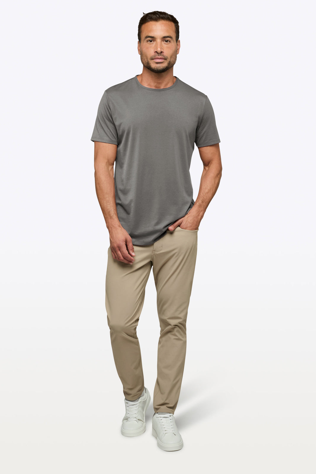 AO Curve Hem Tee in Charcoal on model, full length