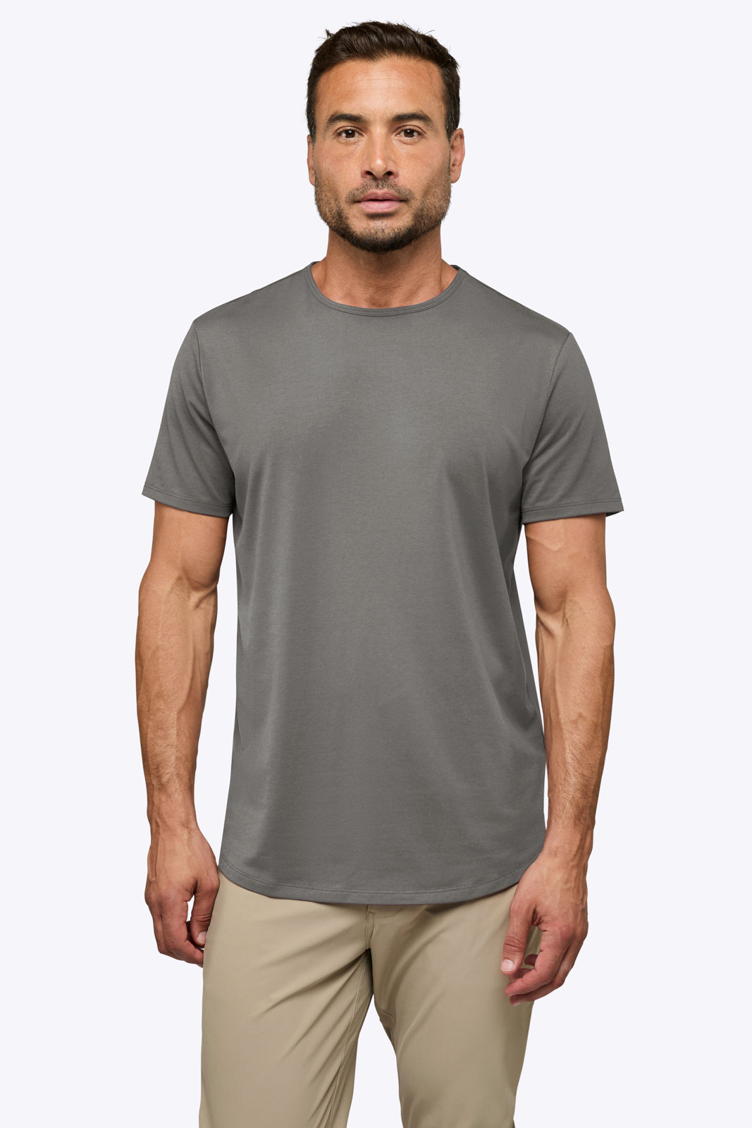 AO Curve Hem Tee in Charcoal on model, front