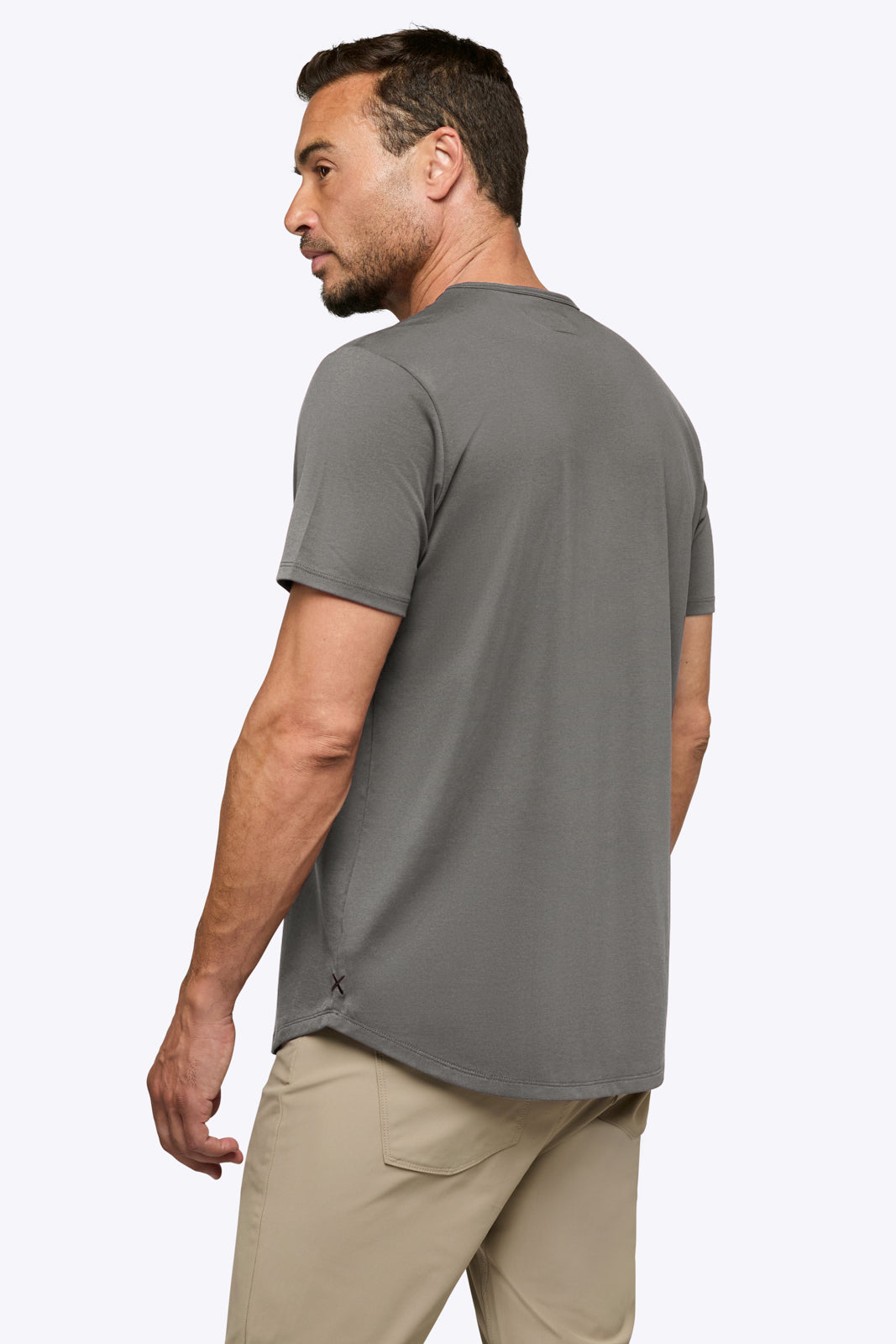 AO Curve Hem Tee in Charcoal on model, back