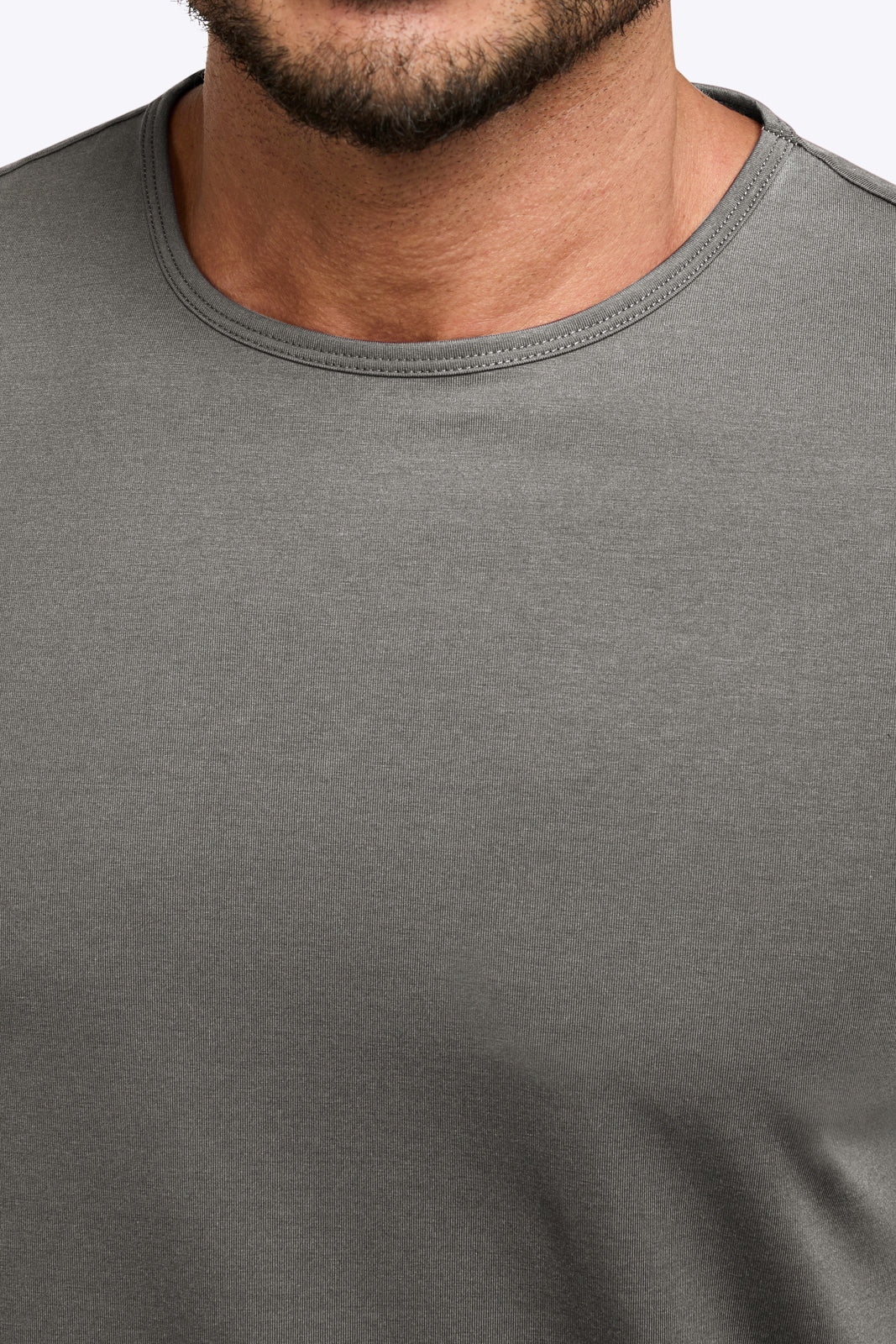 AO Curve Hem Tee in Charcoal, neckline detail