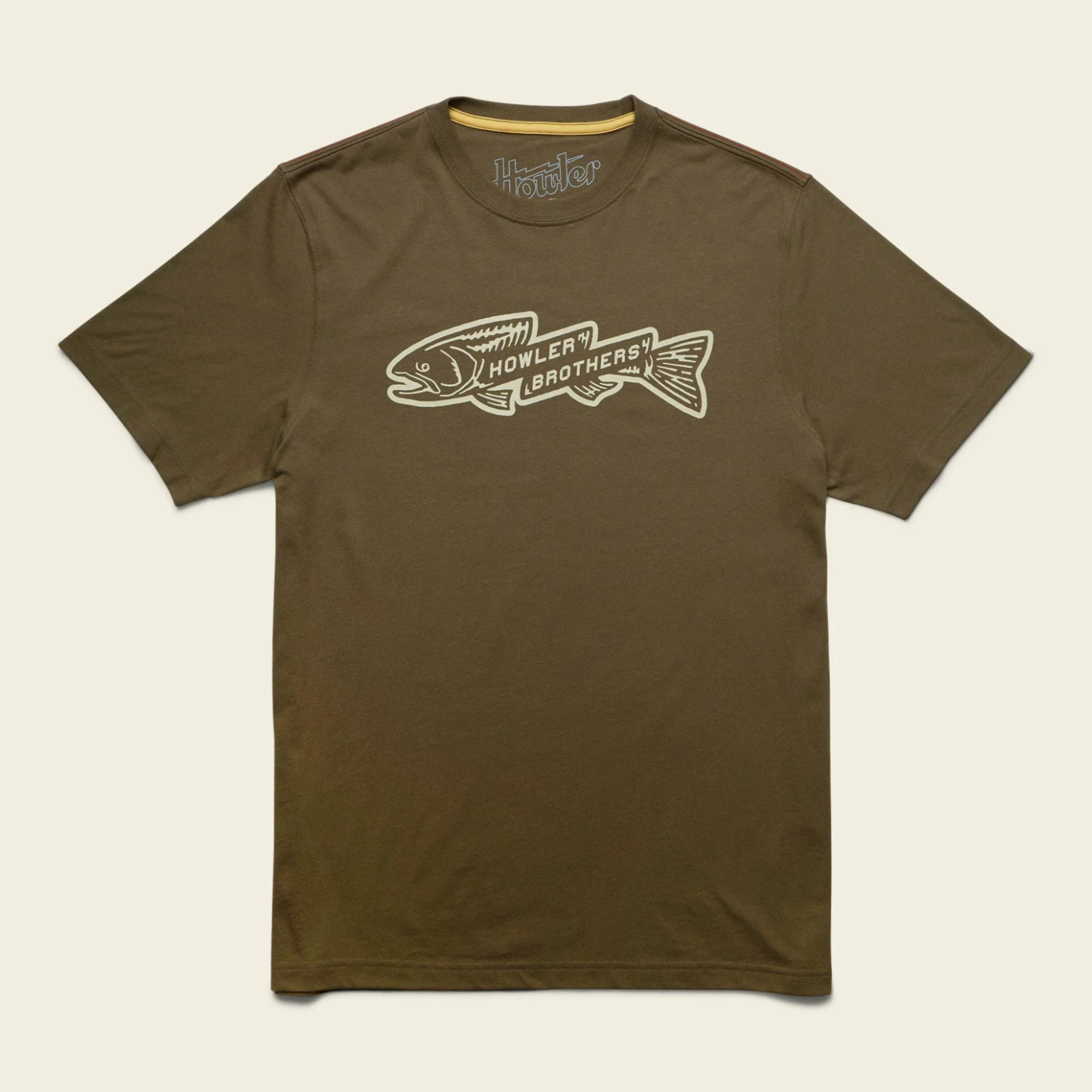 Brown t-shirt with a fish logo on a beige background