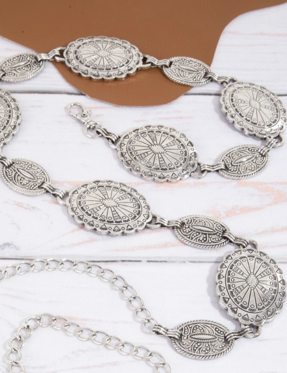 Ornate Oval Western Concho Disc Chain Belt