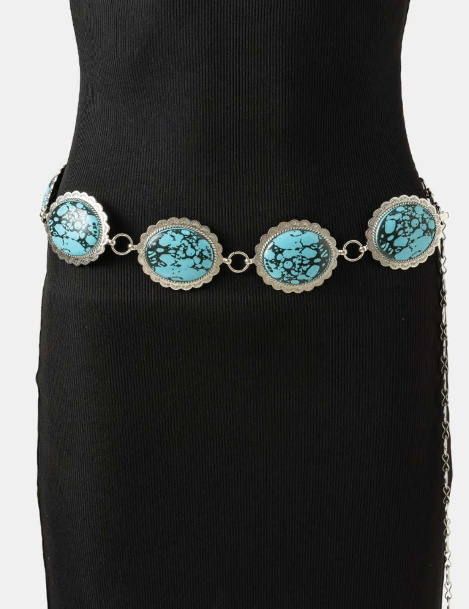 Raven Western Turquoise Stone Oval Concho Disc Chain Belt