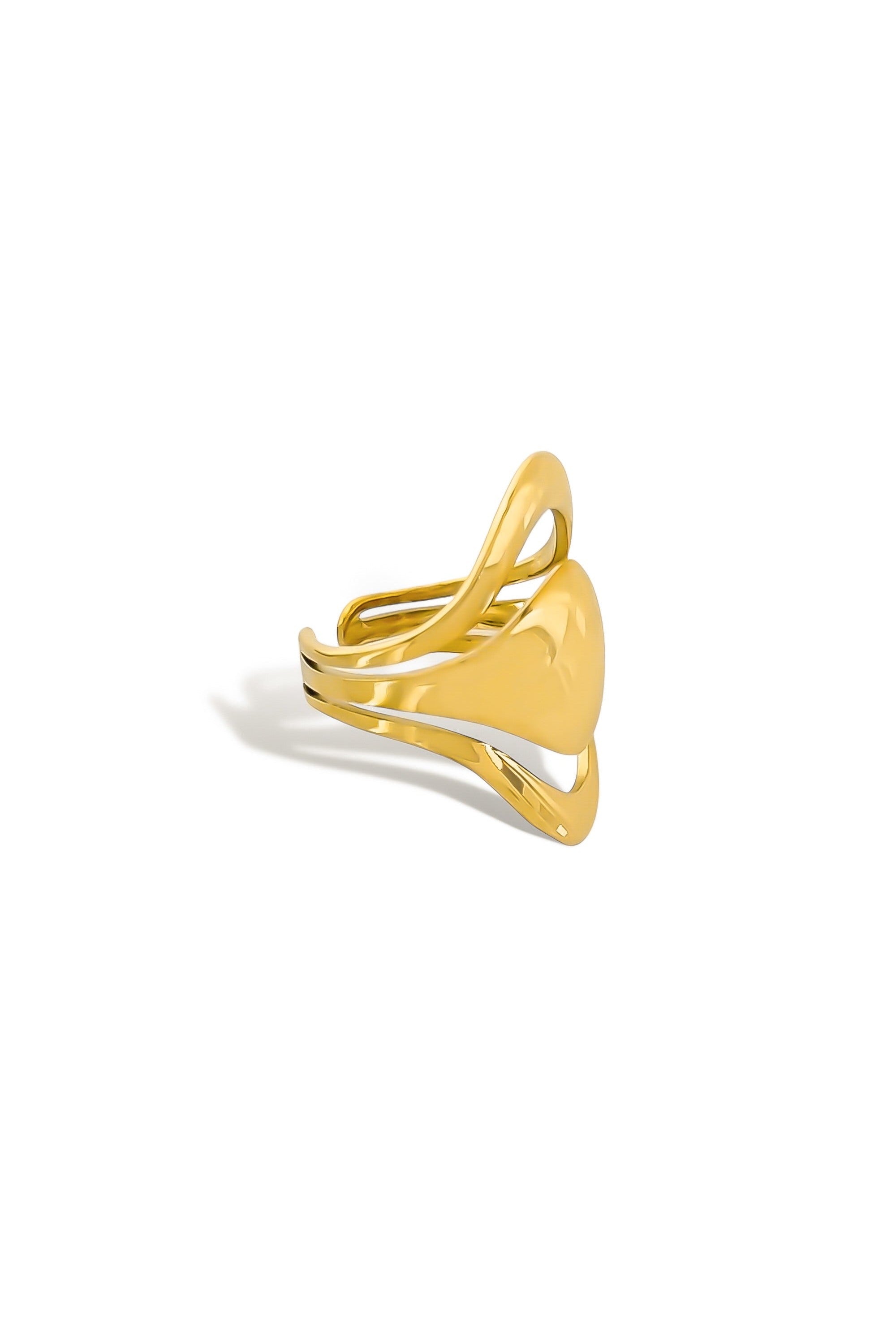Triple layer sculptural ring gold side view