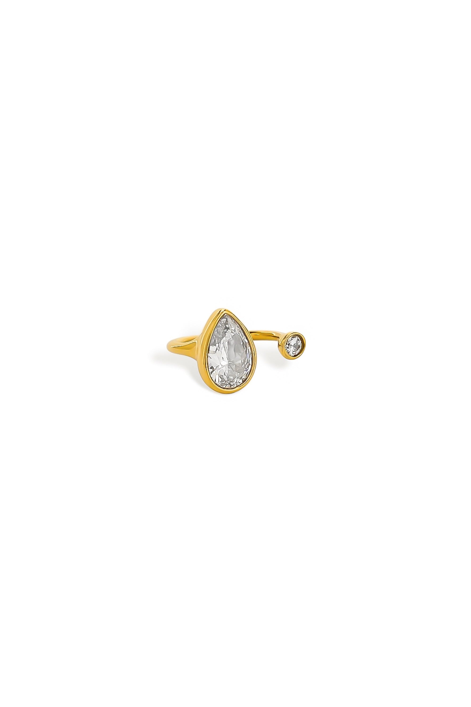 Gold open ring with pear and round bezel-set cubic zirconia