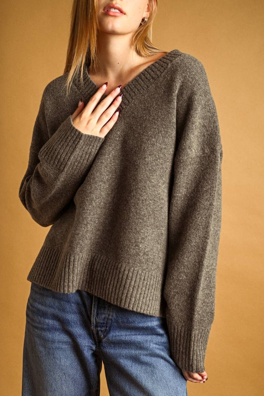 Mocha V-neck knit sweater, front view