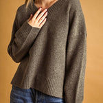 Mocha V-neck knit sweater, front view