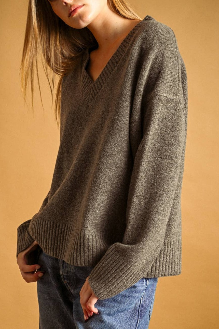 Mocha V-neck knit sweater, side view showing ribbed cuff