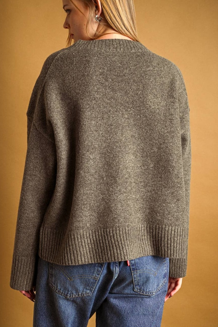 Mocha V-neck knit sweater, back view