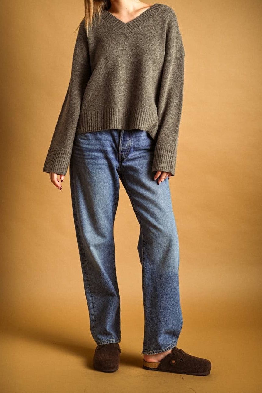Mocha V-neck knit sweater styled with straight leg denim