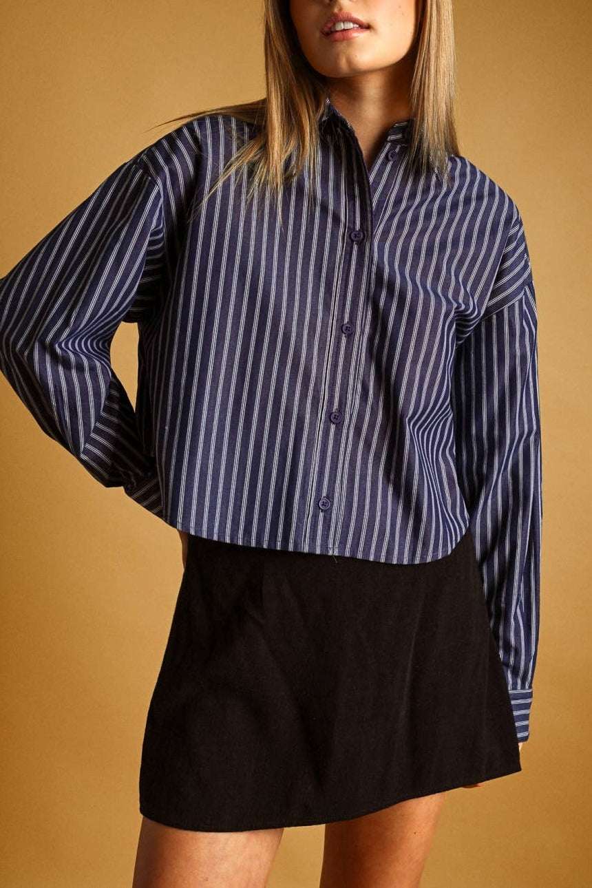 Navy pinstripe cotton crop shirt, front view