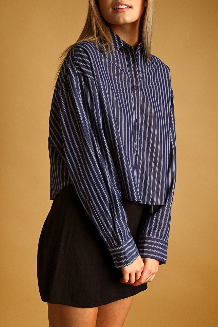 Navy pinstripe cotton crop shirt, side view