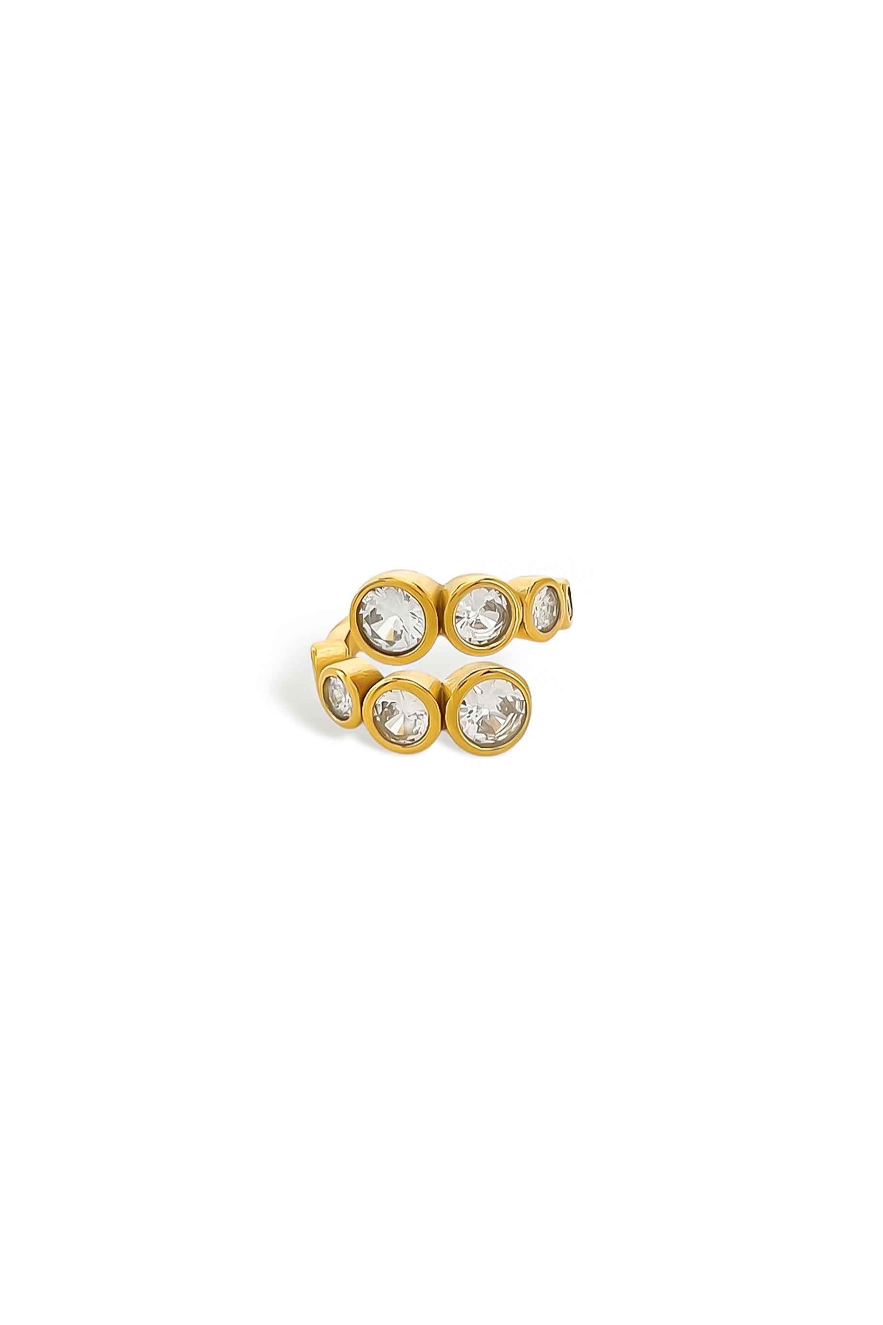 Gold ring with staggered row of bezel-set cubic zirconia