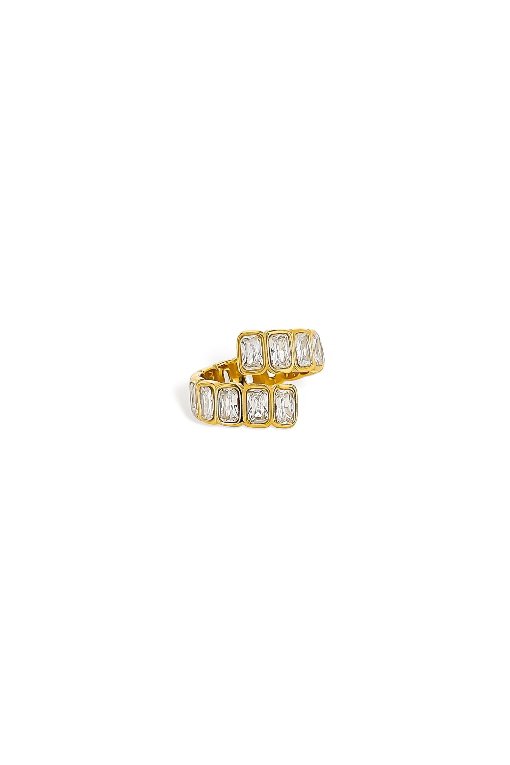 Gold open wrap ring with baguette-cut cubic zirconia
