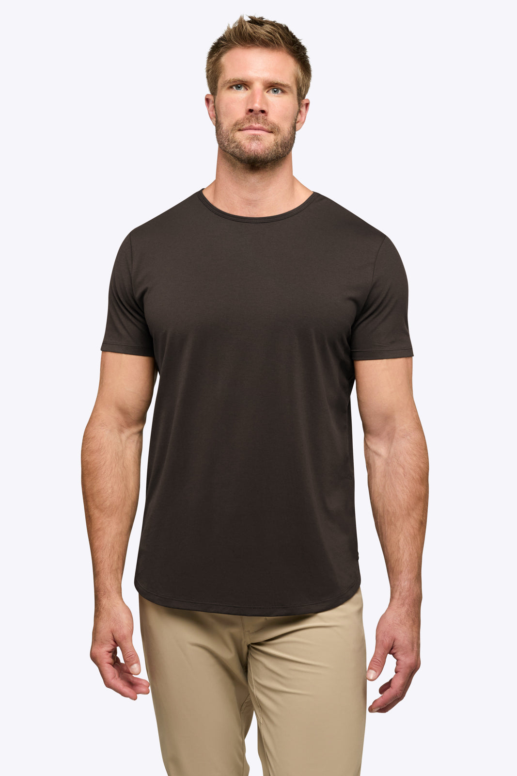 AO Curve Hem Tee in Truffle on model, front