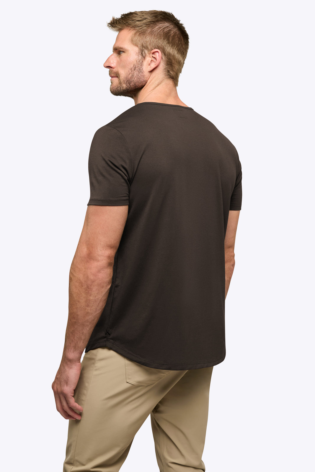 AO Curve Hem Tee in Truffle on model, back