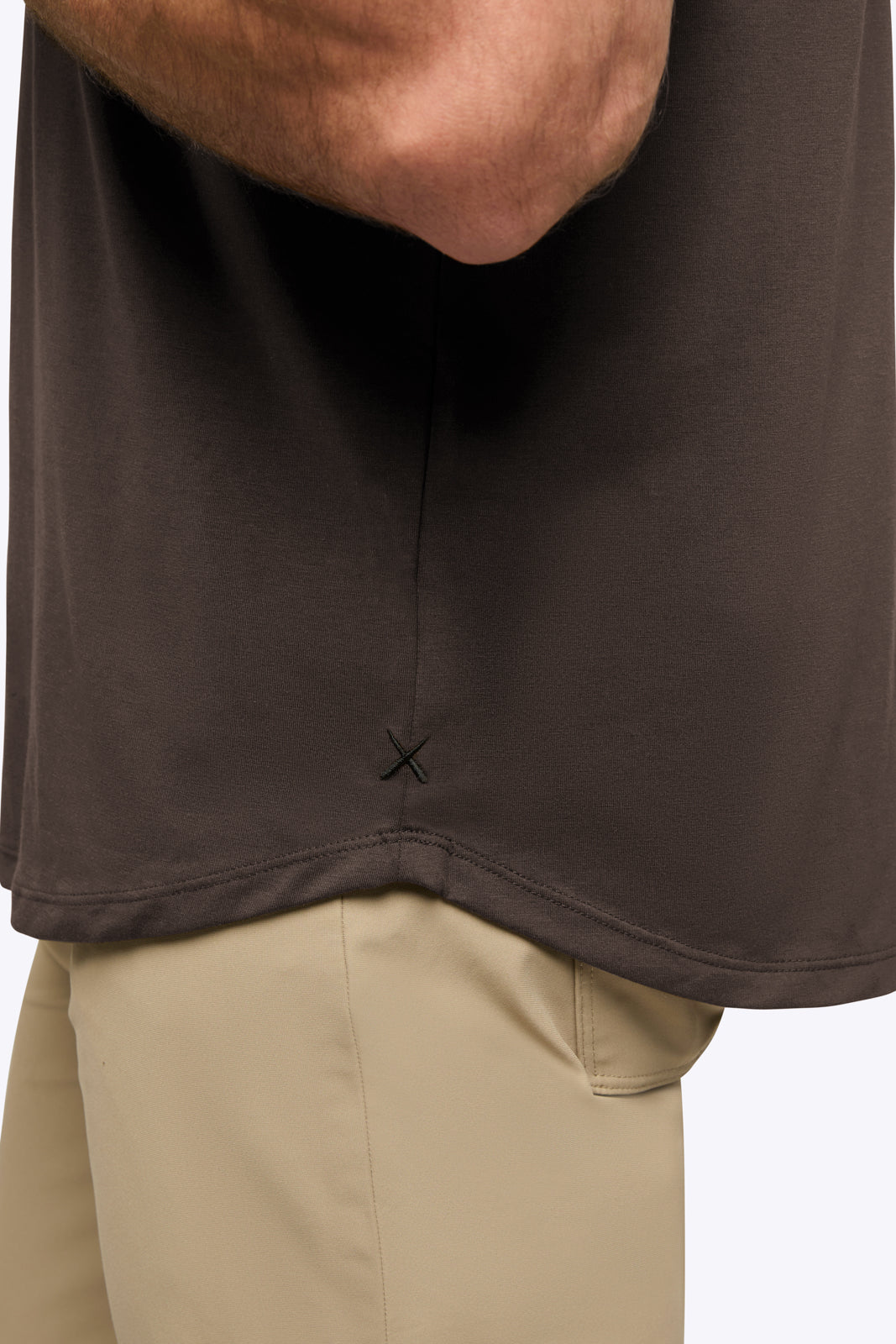 AO Curve Hem Tee in Truffle on model, side