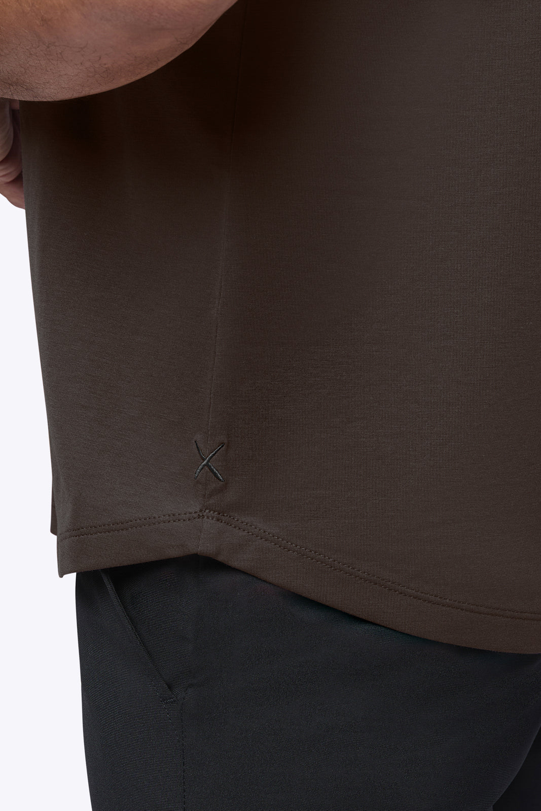 AO Curve Hem Tee in Truffle, curved hem detail