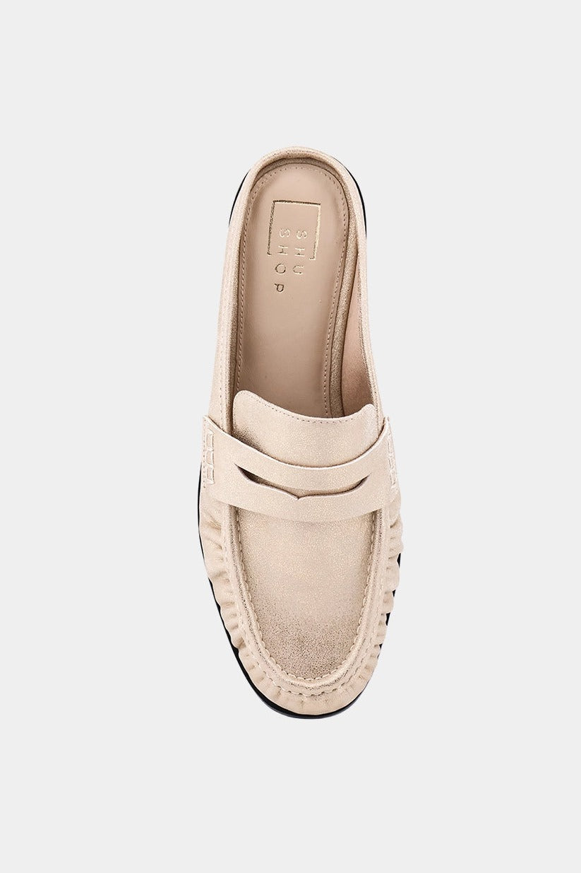 Tuscany penny loafer mule in gold, top view