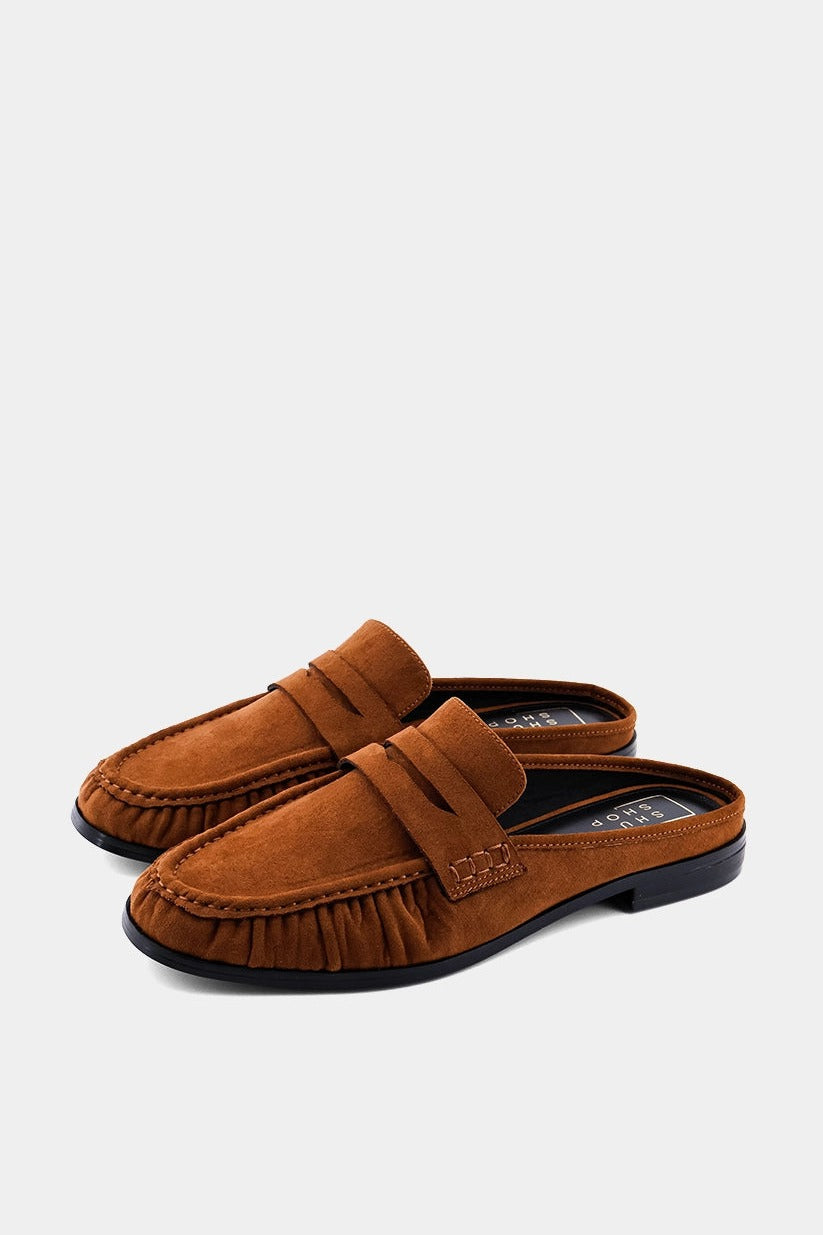 Shu Shop Tuscany Penny Loafer Mule in Tan Suede