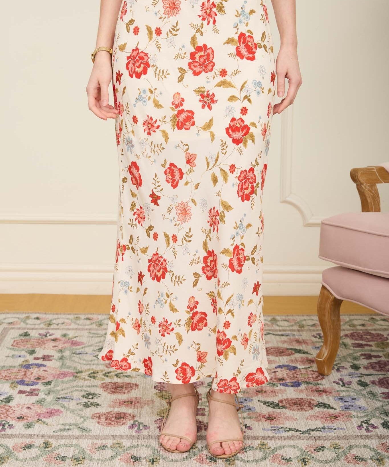 Floral Pull-On Slip Midi Skirt - Cream Multi