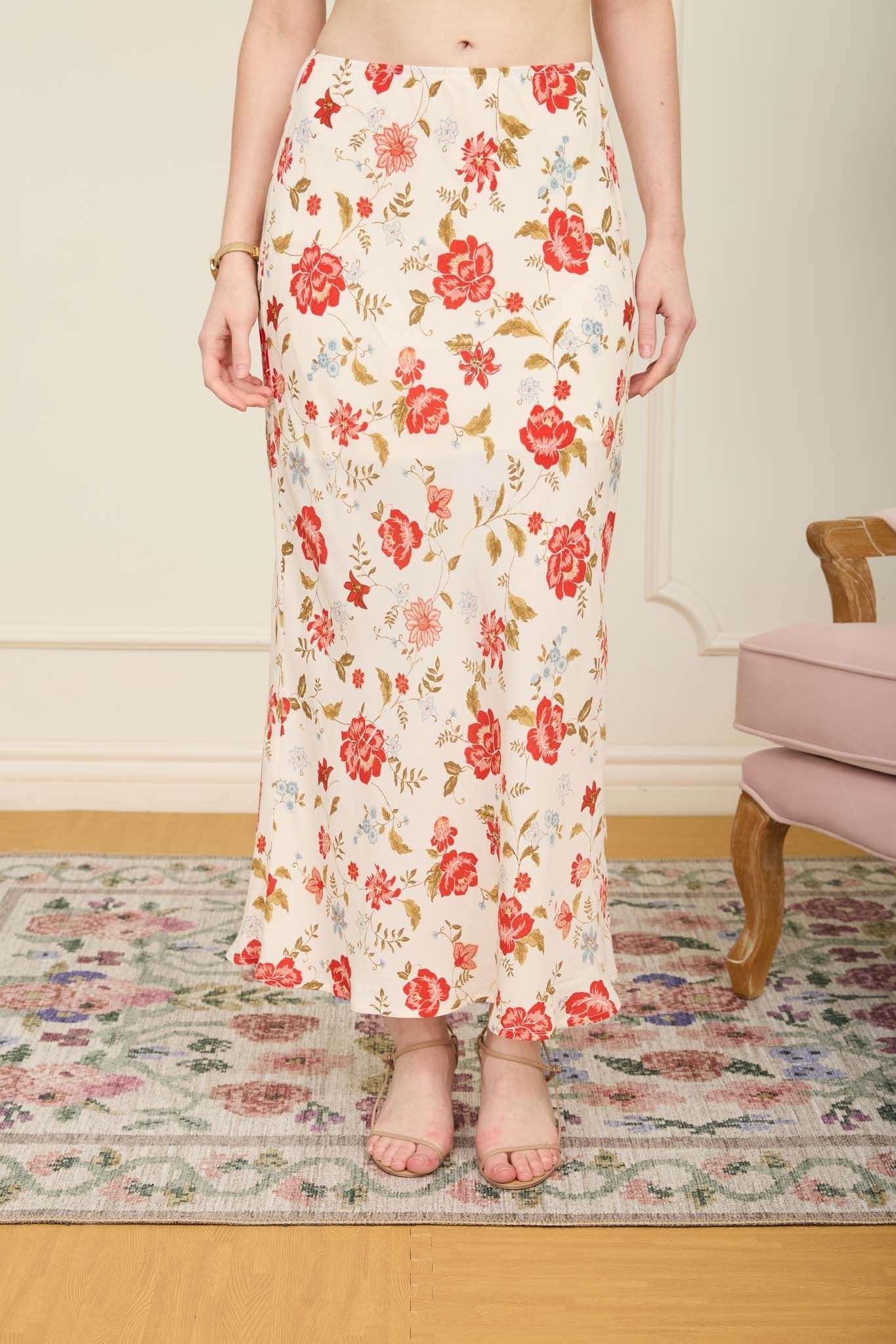 Floral Pull-On Slip Midi Skirt - Cream Multi