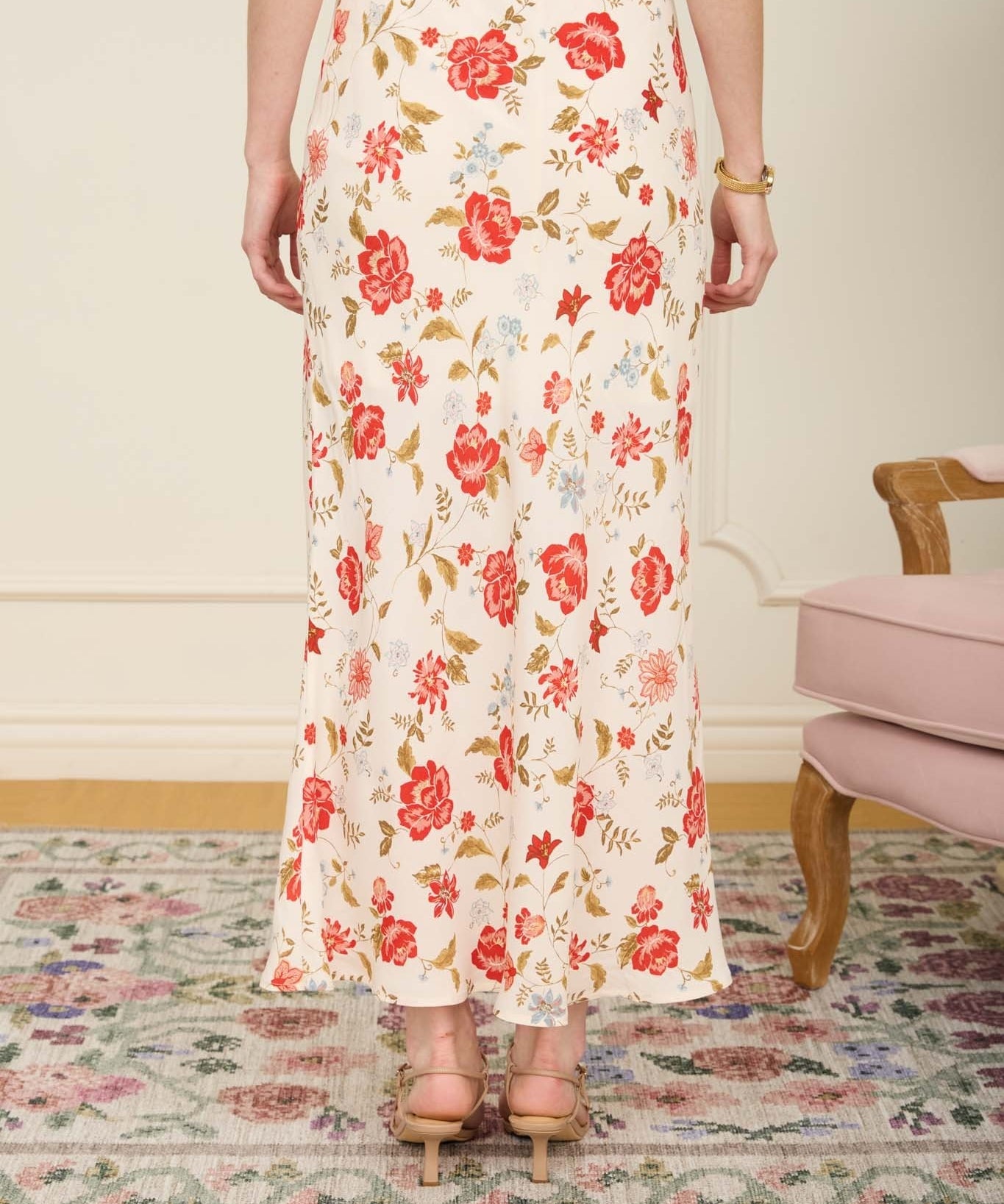 Floral Pull-On Slip Midi Skirt - Cream Multi