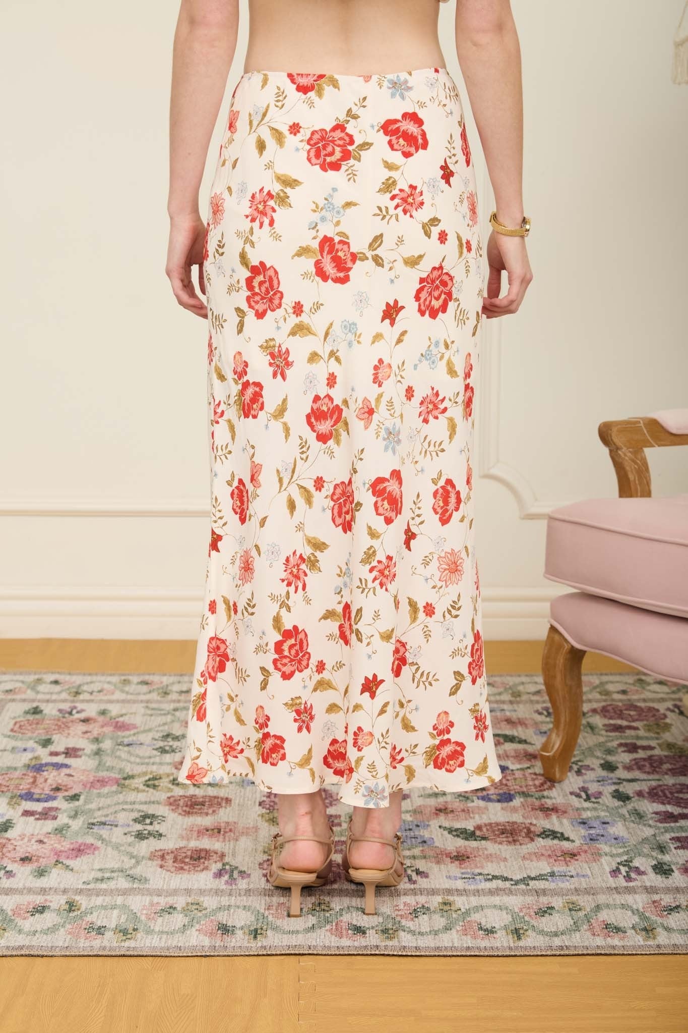 Floral Pull-On Slip Midi Skirt - Cream Multi
