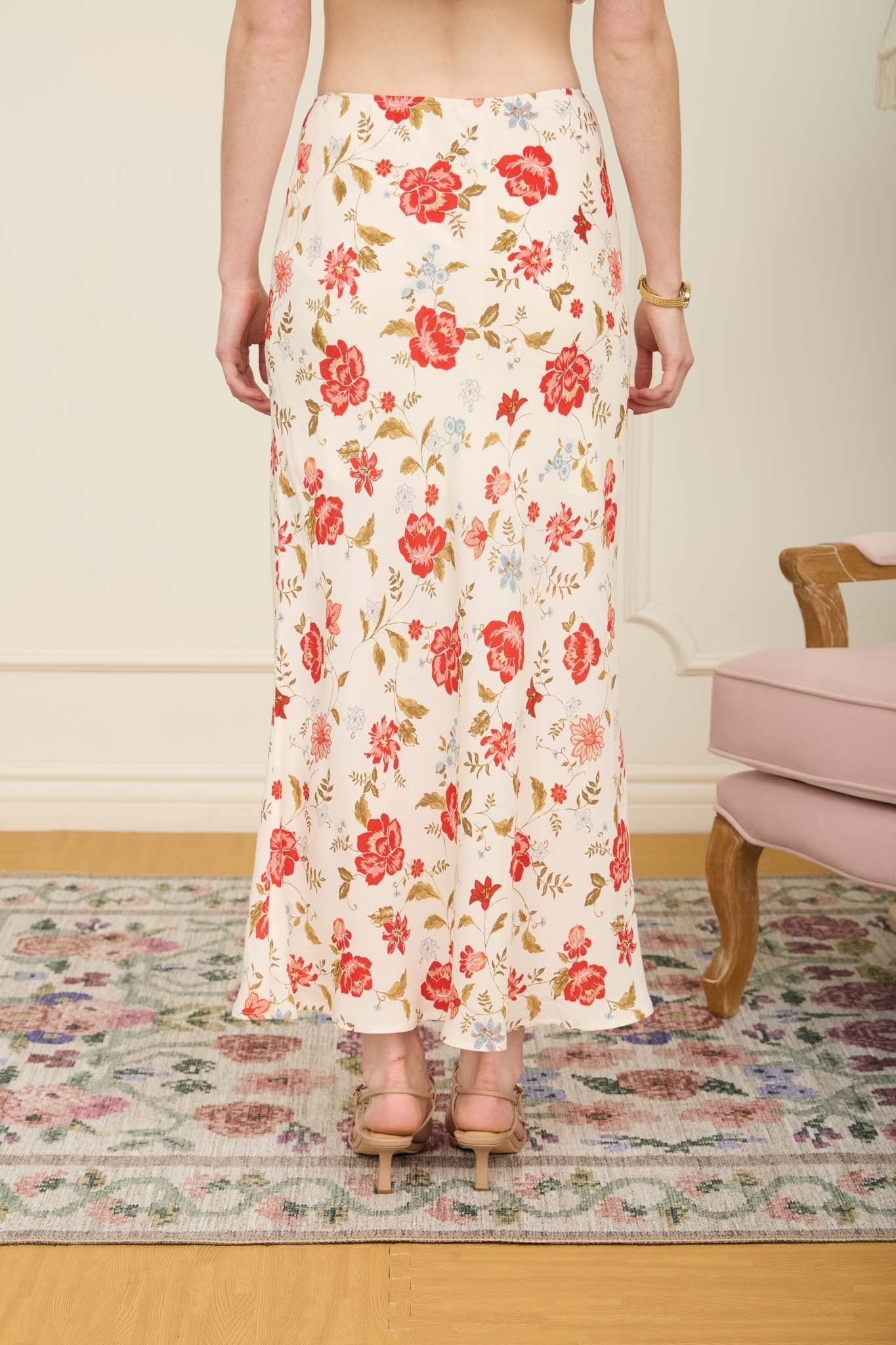 Floral Pull-On Slip Midi Skirt - Cream Multi