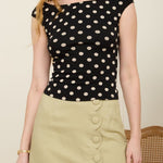 Polka Dot Boat Neck Seamless Knit Top - Black