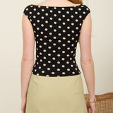 Polka Dot Boat Neck Seamless Knit Top - Black