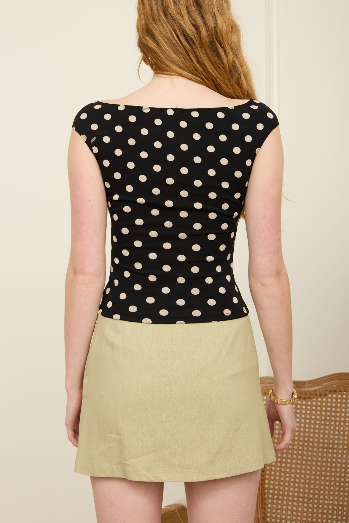Polka Dot Boat Neck Seamless Knit Top - Black