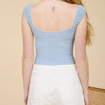 Plaid Lace Trim Front Ribbon Bow Detail Knit Top - Dusty Blue