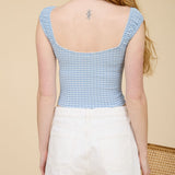 Plaid Lace Trim Front Ribbon Bow Detail Knit Top - Dusty Blue