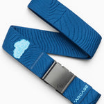 Arcade Keep Tahoe Blue stretch belt in navy with debossed topo webbing and Lake Tahoe patch