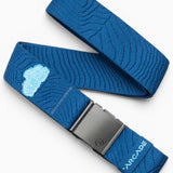 Arcade Keep Tahoe Blue stretch belt in navy with debossed topo webbing and Lake Tahoe patch
