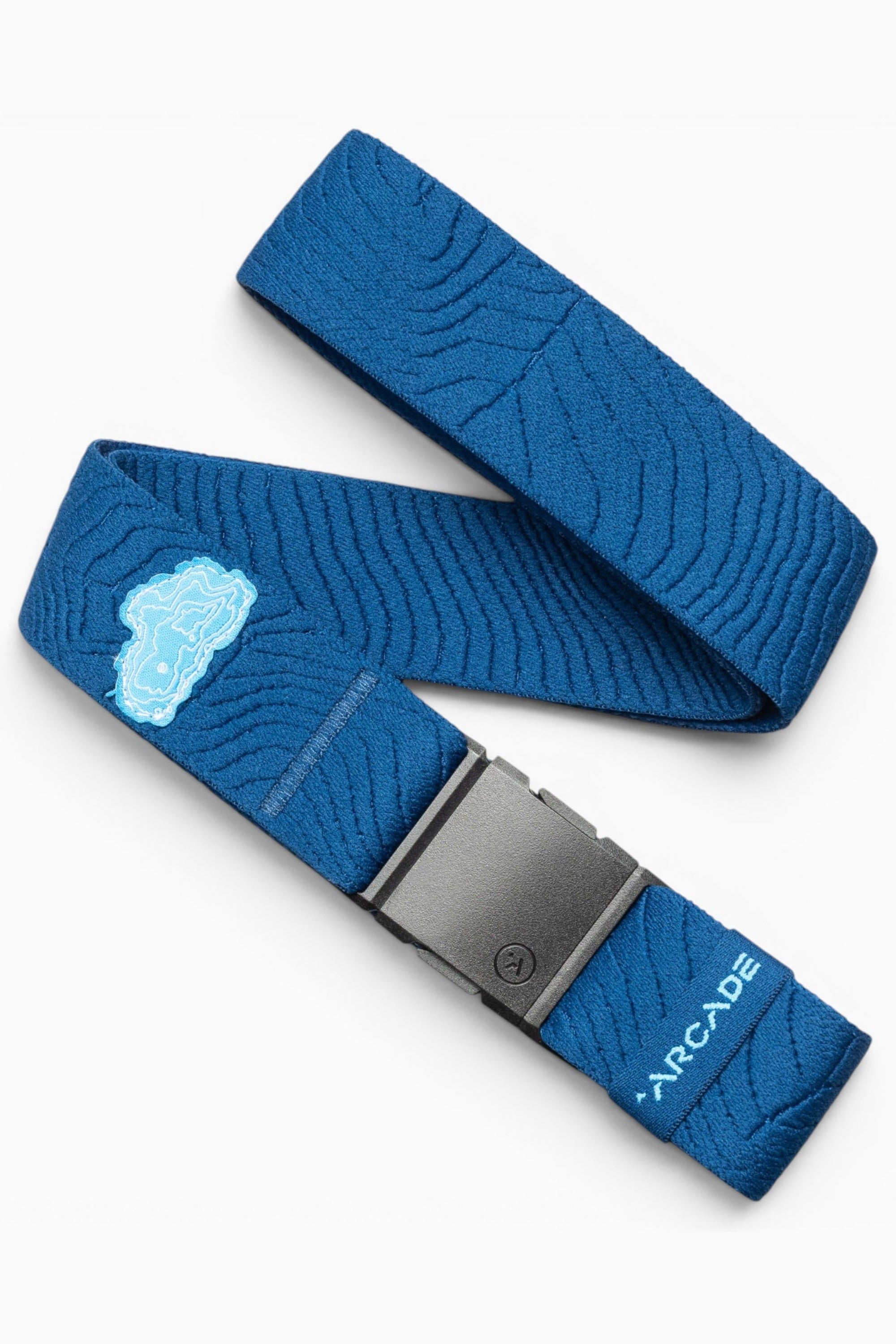 Arcade Keep Tahoe Blue stretch belt in navy with debossed topo webbing and Lake Tahoe patch