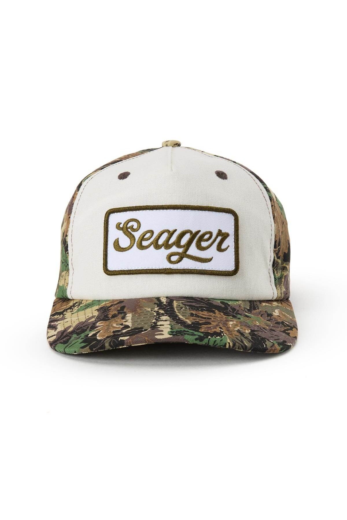 Seager Uncle Bill Hemp Snapback in Camo and Cream, front view