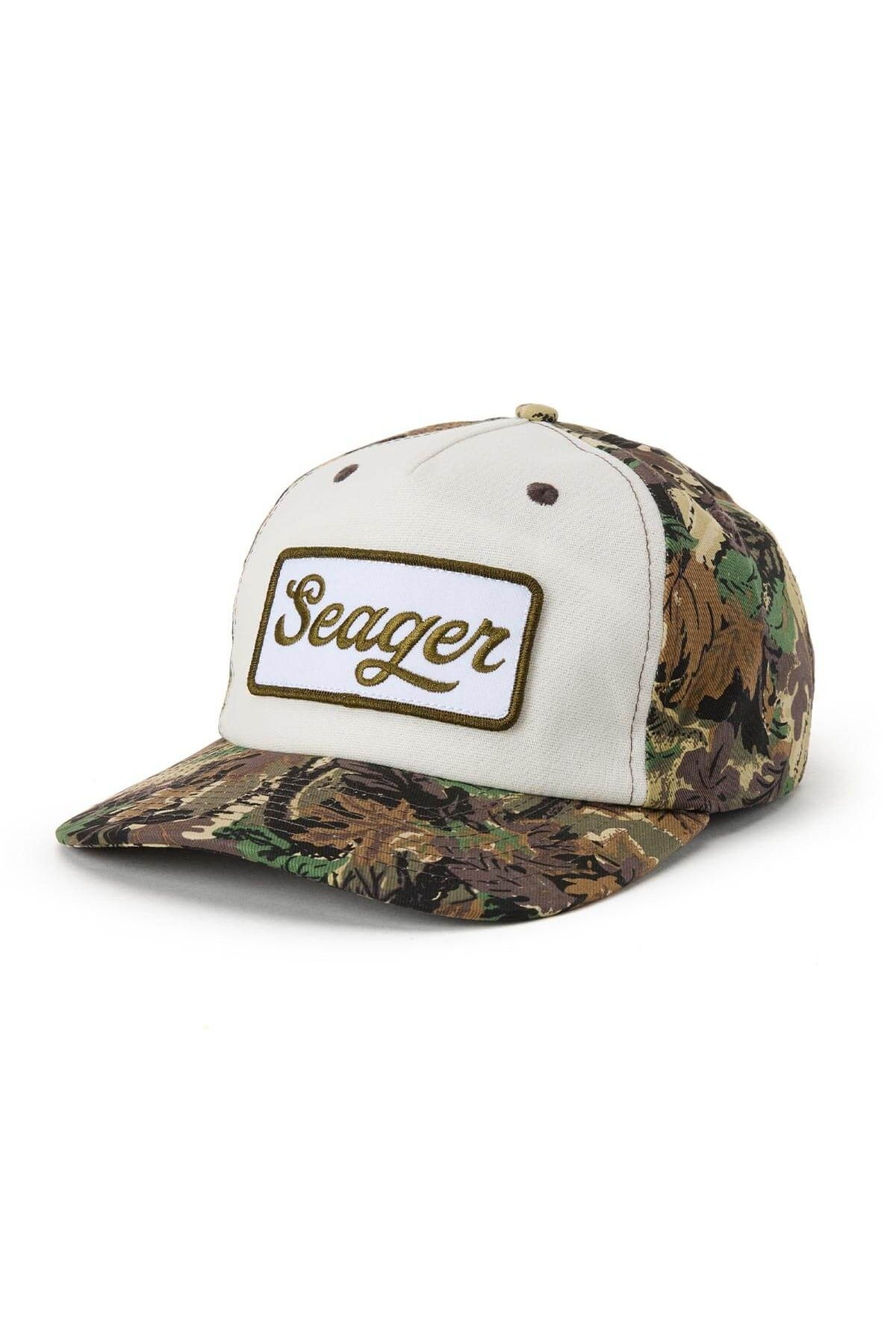 Seager Uncle Bill Hemp Snapback in Camo and Cream, three quarter view