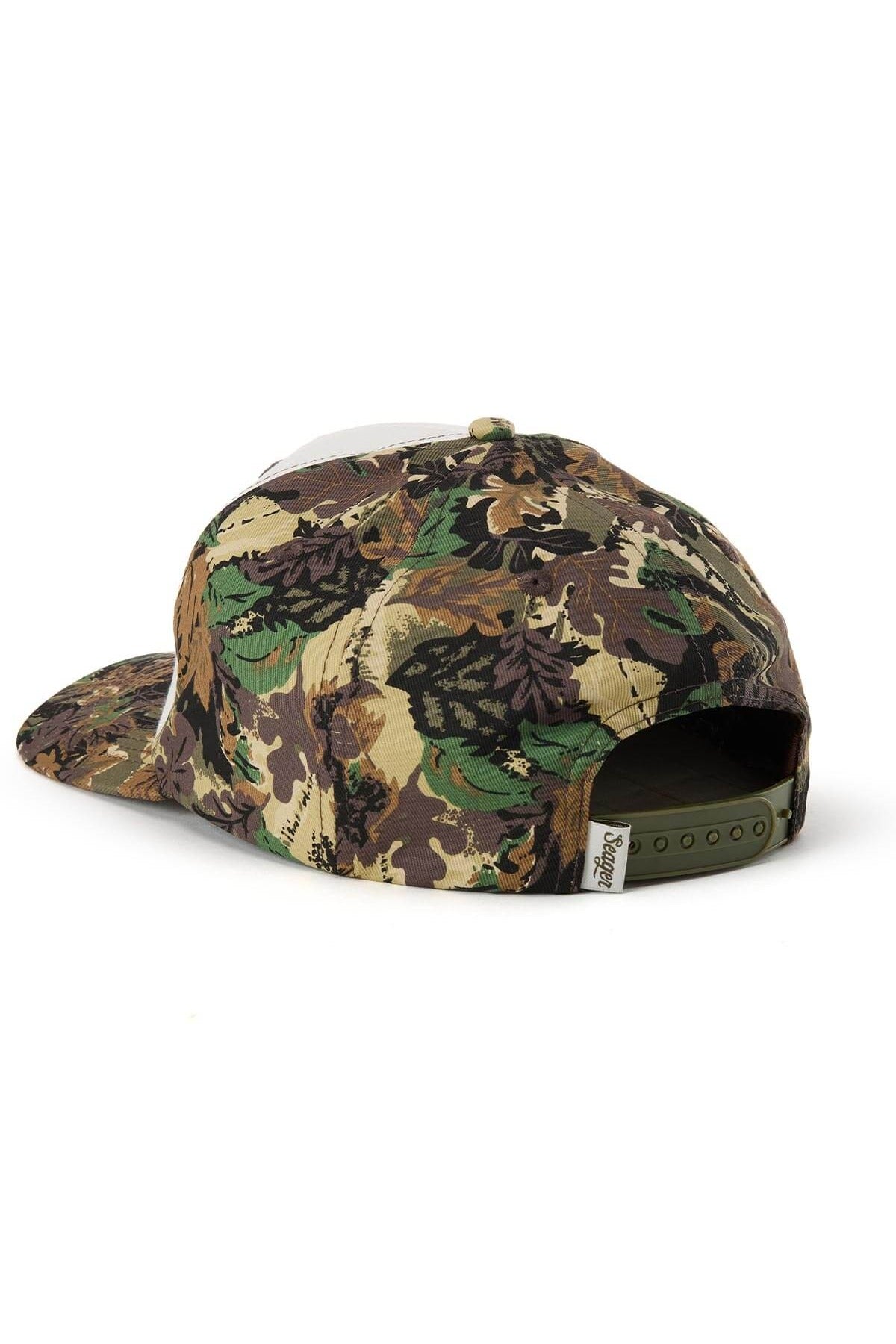 Seager Uncle Bill Hemp Snapback in Camo and Cream, side and back view