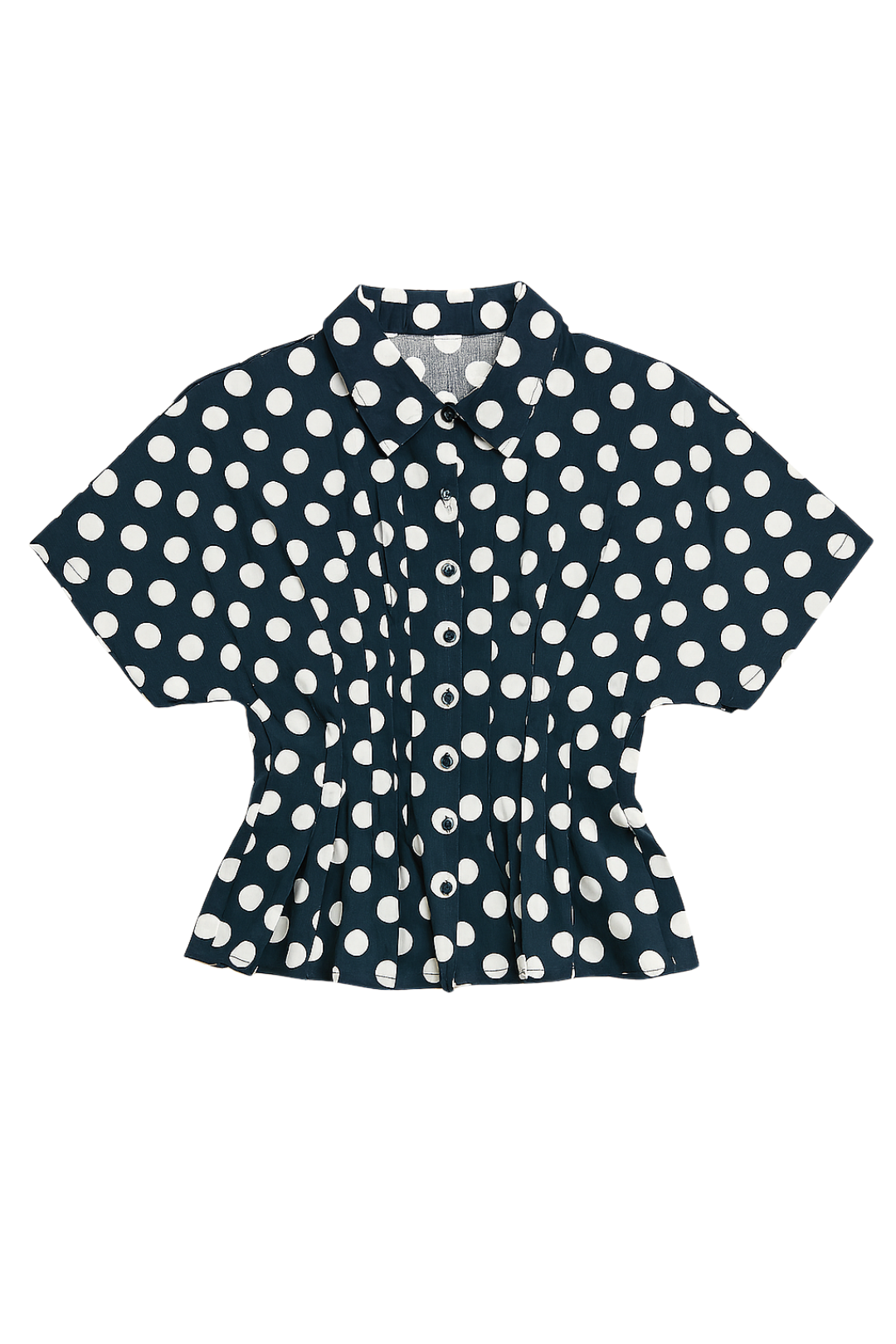 Navy blue shirt with white polka dot pattern on a white background