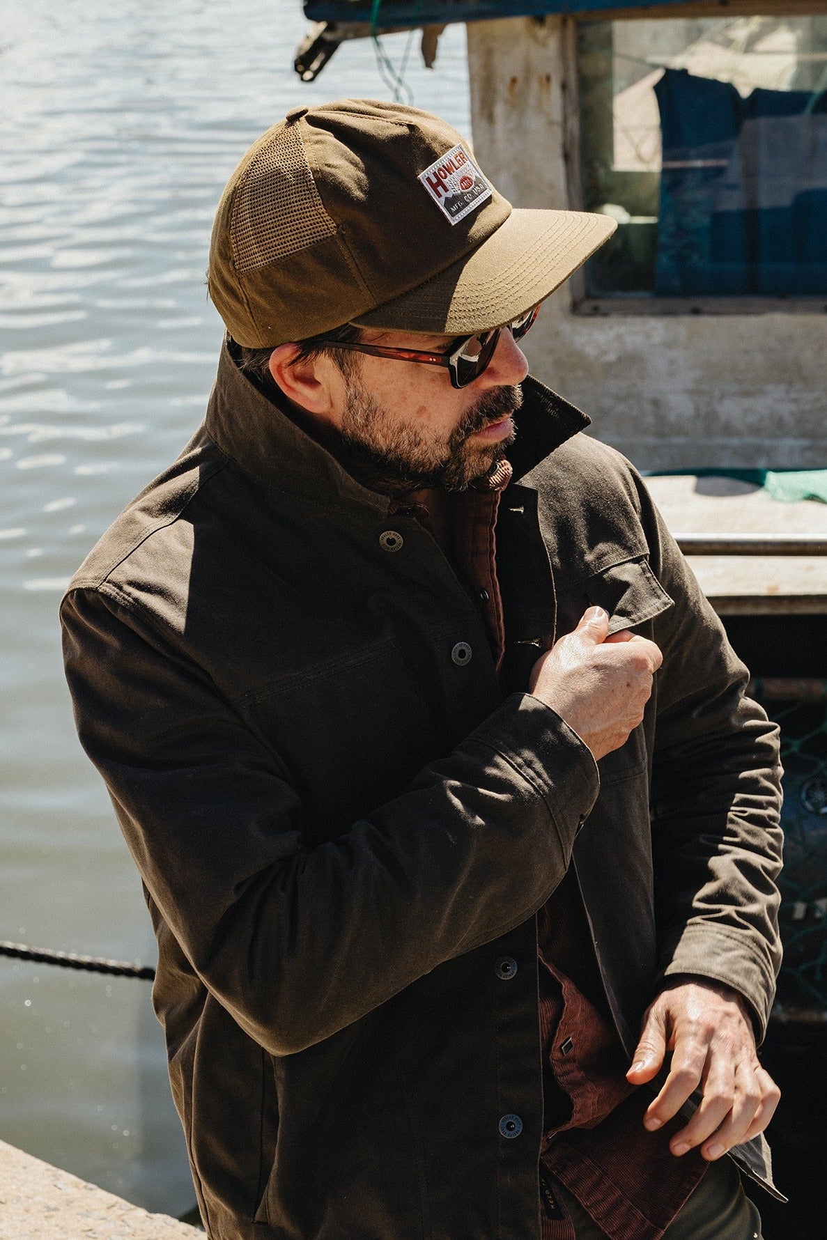 Howler Bros HB Mfg. Co. snapback in Waxed Canvas, worn