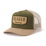 Seager Wilson Waxed Snapback in Tan and Green, three quarter view