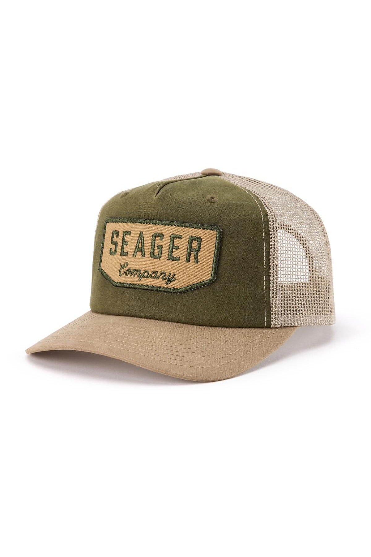 Seager Wilson Waxed Snapback in Tan and Green, three quarter view