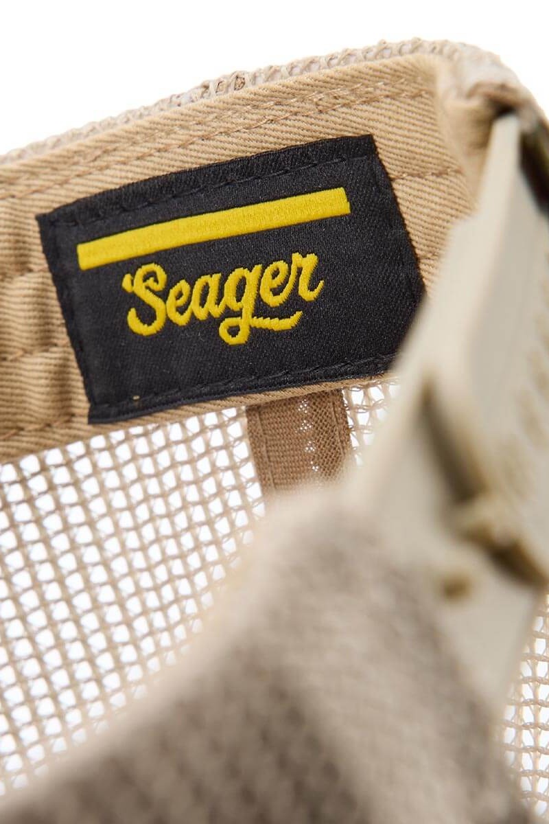 Close up of the Seager label inside the Tan and Green Wilson cap
